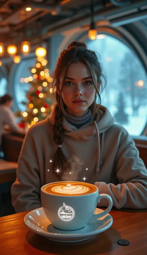 influencer Girl looking into camera with friends in a futuristic Christmas coffee shop located in a bustling space station, with panoramic windows that show the curvature of a nearby planet and the brightness of distant stars. El interior combina elementos...