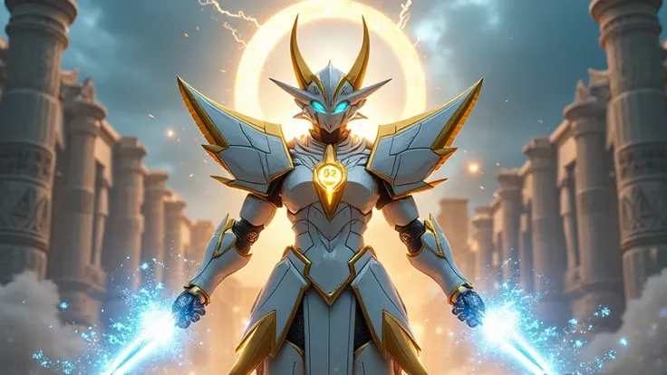 a striking warrior of light, exuding an aura of celestial might and unshakable resolve. Its armor gleams with a polished white sheen, adorned with intricate golden trimmings that emphasize its regal and divine essence. The central chest plate prominently d...