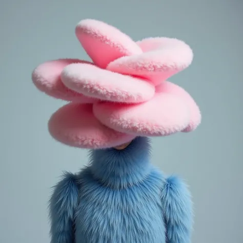 A pink, white long cristall flower sphere shaped hat slantedly stacked and mingled on top of each other to form an abstract figure, fully covered his face, The figure is wearing blue fur sweater underneath. The composition is symmetrical, an vivid grey sol...