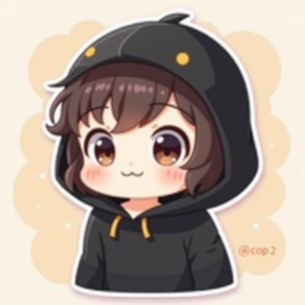 Sticker Chibi Character Cute Girl Large Black Hoodie Wearing Hood Yellow Point Front Background Pastel Color