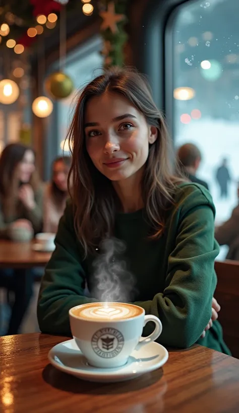 influencer Girl looking into camera with friends in a futuristic Christmas coffee shop located in a bustling space station, with panoramic windows that show the curvature of a nearby planet and the brightness of distant stars. El interior combina elementos...