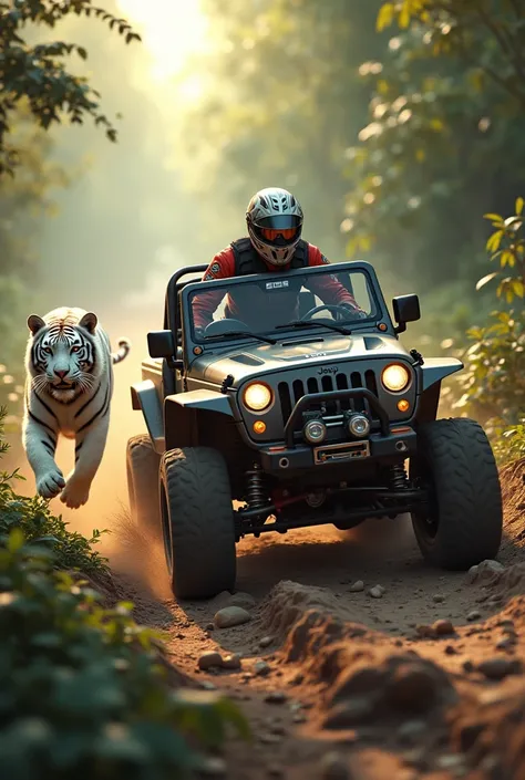 "A skilled jeep racer in a rugged racing suit drives a powerful off-road jeep through a dense jungle path. Alongside him, a majestic white tiger runs beside the jeep, its sleek white fur blending with the wild terrain, moving with agility and strength as t...