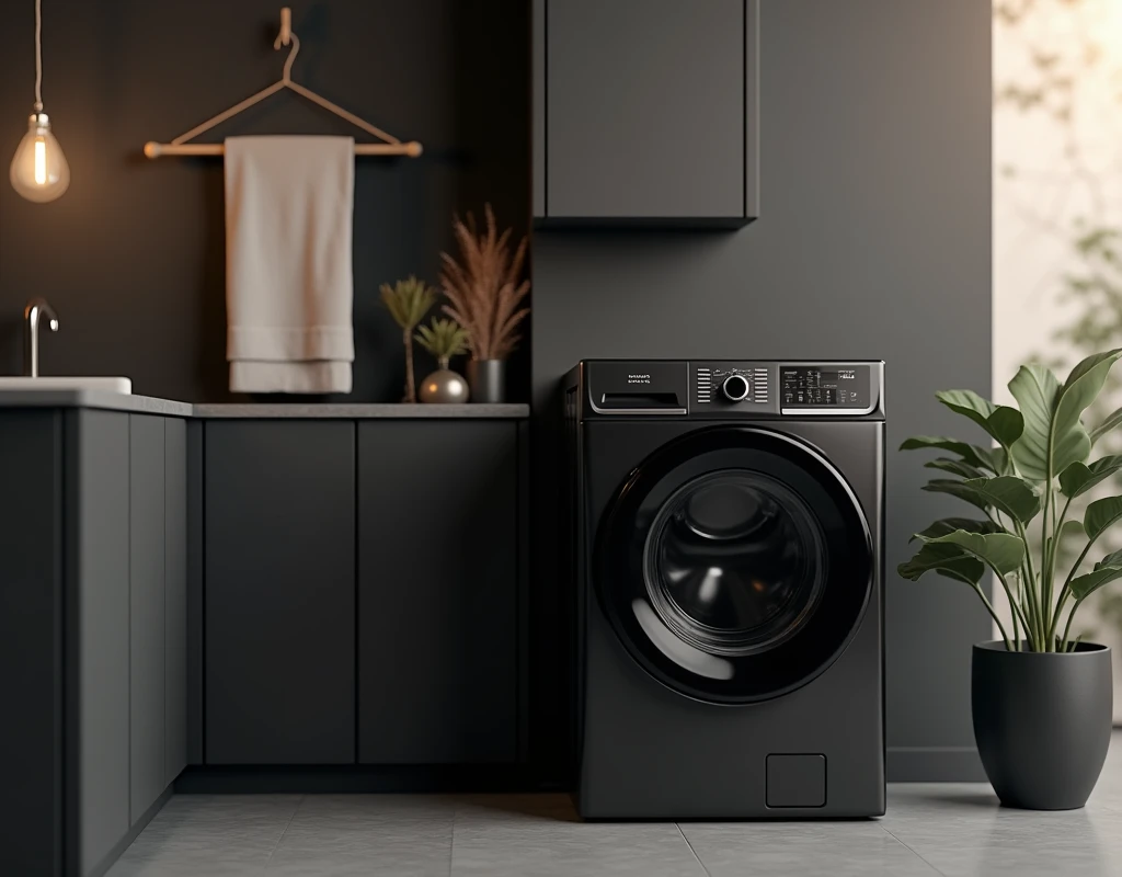 Close-up of washing machine in laundry room，There is a towel rack above, washing machine, H 8 0 0 C 1 0. 0, Stylish design, real reality images, hyper realistic, hyper realistic, perfect design, all black matte product, Hyper-realistic rendering, Sleek str...