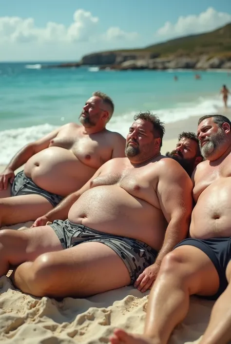  A group of 5 attractive overweight big fat men in their mid-50s are lying on the beach  and relaxing.   The men are almost completely naked  ,  while they are lying in the sun  