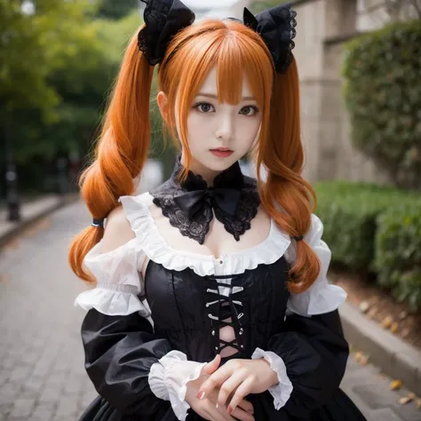  One girl , solo,  high res, chest,  in her 20s、 orange hair、 twin tails,  gothic lolita 