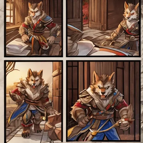 masterpiece, high res,(( top quality ))、 (One々A comic where a cute werewolf makes you happy with 4 scenes)