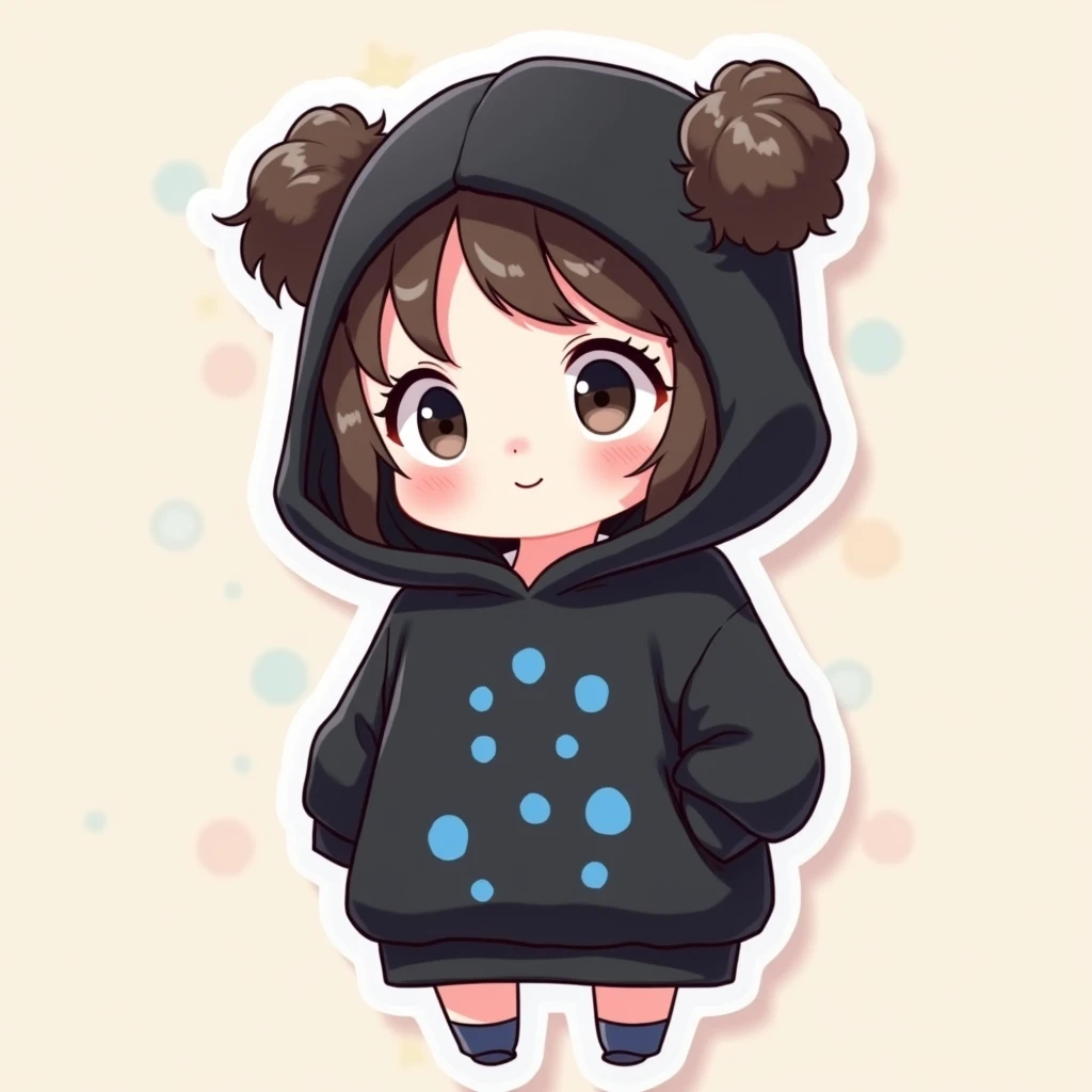 Sticker Chibi Character Cute Girl Oversized Black Hoodie Hooded Blue Dot Front Background Pastel Color