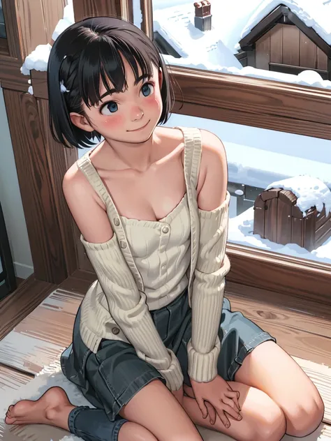 winter、Snow Scene、 one girl、 beautiful girl、Inside the house、 sitting in front of a fireplace 、(Wariza、one knee raise )、Highland Villa 、窓の外はSnow Scene、 detailed hair、 detailed face 、 detailed skin、 small breasts、( cleavage、 shoulder out)、( short skirt、Warm...