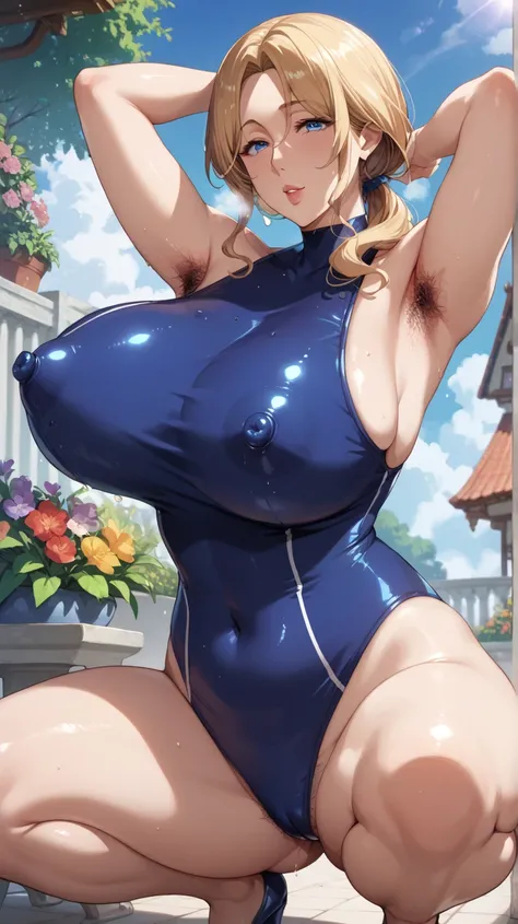 score_9, score_8_up, score_7_up, ASCII masterpiece, source_anime BREAK Navy blue one-piece swimsuit,garden, 50 year old mature woman,solo, squat, anatomically correct, perfect face,Beautiful, well-groomed eyes, beautiful skin in NFSW, Big Breasts ,Bouncing...