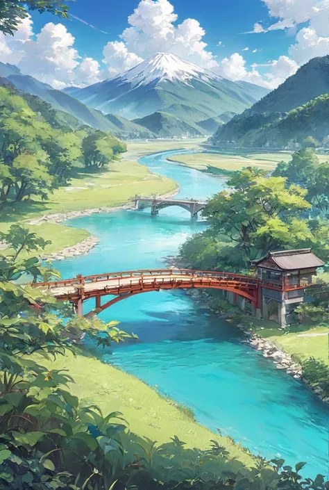 Beautiful Nature、Mountain、river、Riverbank、bridge、 blue sky