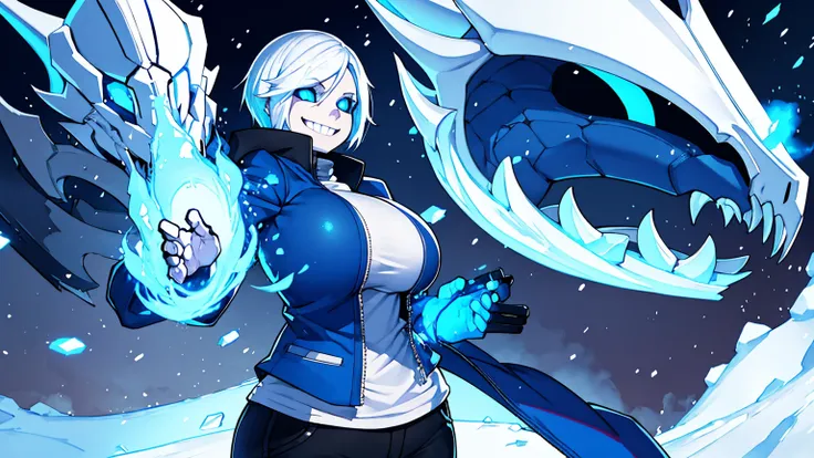 Sans Blue Jacket Black Shirt Fire Eyes Skull Smile Long Lashes White Short Hair Luminous Face Blue Dragon Skull Cannon One Person Standing In Snow Town Femininefull Super huge big breasts breast enlargement