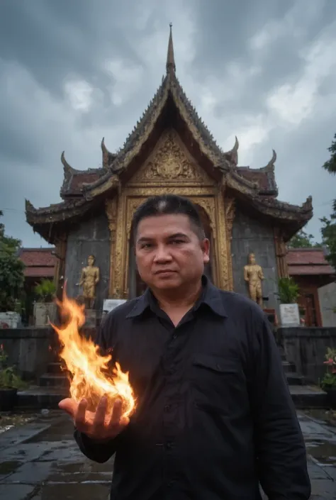 Outside Thai Temple: A 45-year-old Thai man, set against a stormy background of the sky, stands gracefully at the entrance of a beautiful Thai temple. His figure is framed by a high-pitched peak that seems to penetrate the turbulent clouds above, creating ...