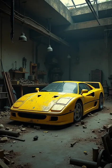  Make me an image of a yellow Ferrari f40 ,  that is all dirty and completely abandoned in an all-dark car workshop, with years of abandonment  