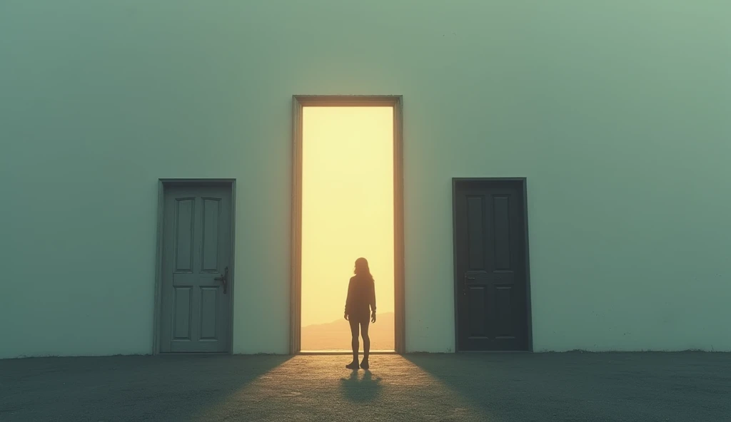 A person standing in front of two doors: one glowing warmly with light and another shrouded in darkness. The individual hesitates, symbolizing the choice between negativity and growth. The scene is symbolic and introspective. -ar 16:9