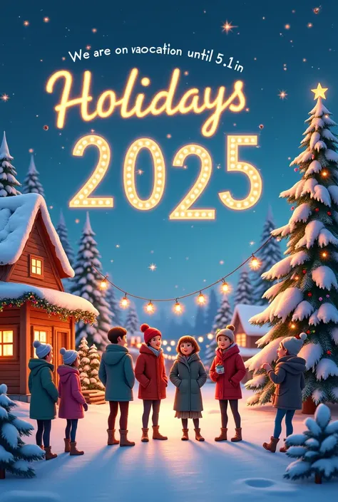  Create a picture with Christmas greetings and New Years greetings for 2025 and write that we are until 5.1. Are on vacation in 2025 