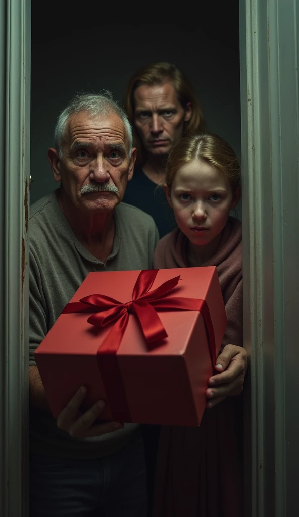 Father, mother,  hiding in the closet. The  is carrying a red gift tied with a ribbon. They all look scared. Front view. Hyperrealistic, Angry atmosphere, Overcast Lighting, Split Complementary Palette, Low Angle, Worms-eye view shot, Renaissance Artists b...