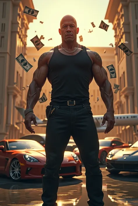 image of Vin Diesel standing in the center, surrounded by his mansion, penthouse, private jet, luxury cars, and stacks of cash. money bills floating in the air, dark atmosphere with sun glare camera effect.