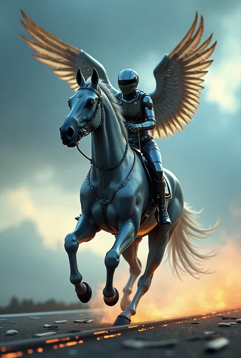 "A futuristic hybrid figure blending the agility of a horse racer and the speed of a falcon. The character has a humanoid torso with aerodynamic racing gear and falcon wings extending from the back. His lower body transitions into a powerful horse-like for...