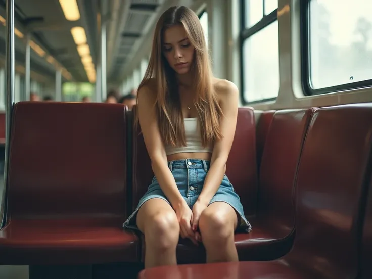 Photo of a beautiful girl sitting in a train bench,  Beautiful girl, skinny girl,  young girl , ,  slender legs ,  long hair,  straight hair , sitting, (legs open),  spread her legs, (sleeping),  she wears a short denim skirt , (upskirt), You can see her p...