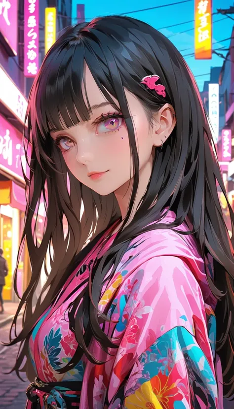 A beautiful anime girl in colorful street fashion, detailed facial features, long hair, expressive eyes, pink neon cityscape background, cinematic lighting, vibrant colors, digital art, 8k, photorealistic, highly detailed, masterpiece