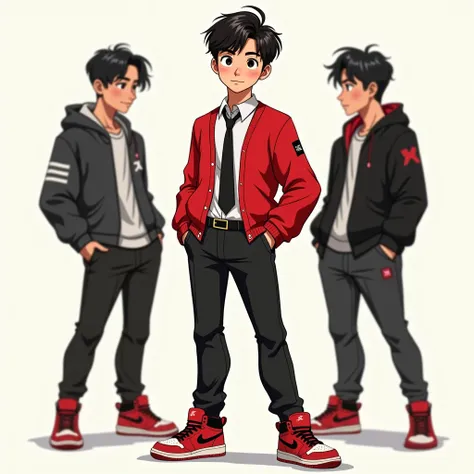 Asian boy, OOTD character design, red cardigan, white shirt, black tie, black pants, red jordan, 3 person, cool poses