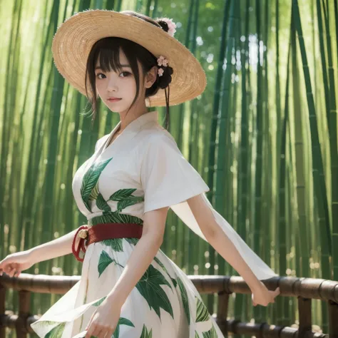 masterpiece,  Highly Detailed CG Unity 8K Wallpaper,  1 girl,  beautiful,  realistic, dance, Blur, Blurred background, Blurred foreground, bamboo forest,  depth of field ,  realistic , alone, Shrine Maiden costume,  detail , バックライト高い detail , Highlight on ...