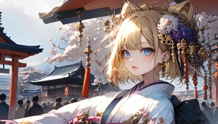 Teenage girl character. Girl. The girl has short hair, golden hair and sparkling blue eyes. Teenage girl character has pale skin and beautifully detailed eyes, Kimono outfit, Furisode outfit, (Highly detailed elegant), Detailed skin, Buddhist temple crowd ...