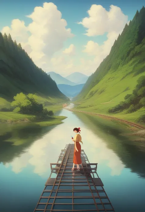  Picture of a train drawn on the railroad in the middle of the lake , Hayao Miyazakis Concept Art ,  pixib,   conceptual art  , Studio Ghibli Sky ,  Studio Ghiblis Smooth Concept Art,  Ghiblis Spirited Away atmosphere , Makoto Shinkai&#39;s Style,  Miyazak...