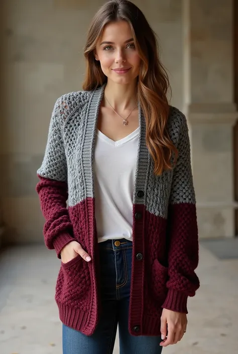 Crochet crochet short grey and wine red cardigan 