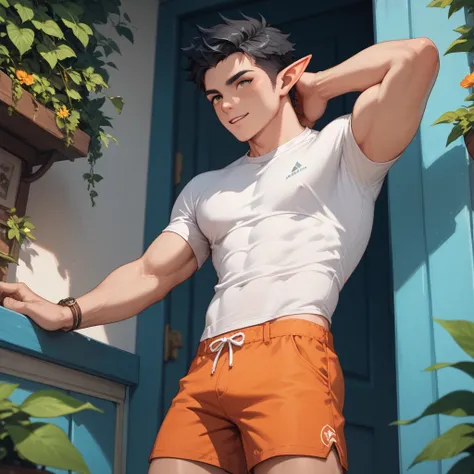 an male elf has a short black hair and 8 packs. He is wearing an orange shorts