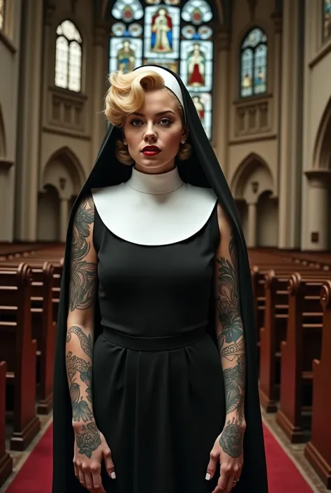 Marylin Monroe tattoed wearing Nun in a church