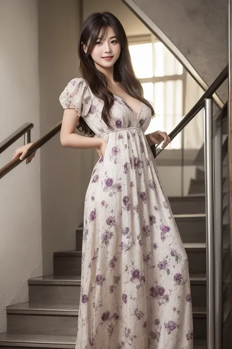  Japanese model woman in dress is standing on the stairs, Full body descending the stairs、 wearing a long floral dress , rococo ruffle dress, Art Nouveau dress ,  expensive voluminous dress ,  is wearing a long dress,  Modest Loose Gown ,  a dress that cov...