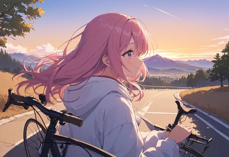 a girl, with pink hair, long hair, she stopped her bicycle at the side of the road and got off his bicycle, stood and rested her hands on the road divider while enjoying the calming natural scenery with a bicycle beside him, the wind blowing through her so...