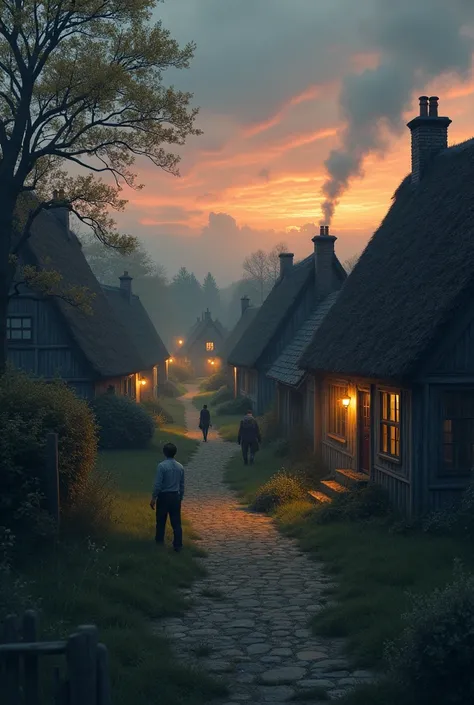 Peaceful Village Scene:**
   - **Setting:** A small, quiet village at dusk. The houses are simple, with smoke rising from chimneys.
   - **Elements:** Villagers are walking around, a soft breeze blowing, and ren playing in the fields.
   - **Tone:** Calm, ...