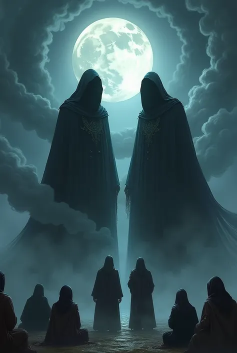 "Two mythical Yama messengers in black robes, emerging from swirling smoke under a full moon, standing puzzled before a group of