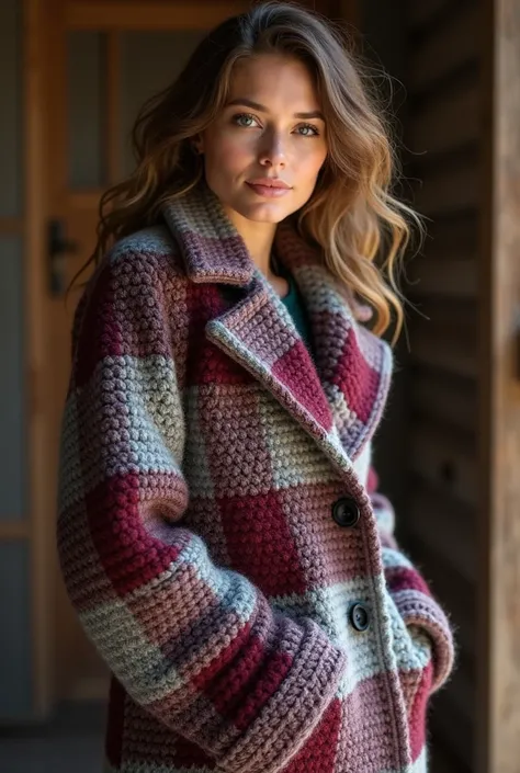 Grey and wine red plaid crochet coat
