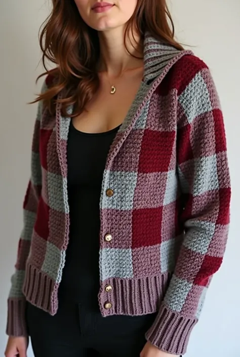 Grey and wine red short checkered crochet cardigan