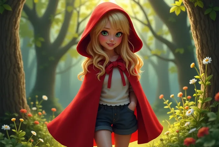 Little Red Riding Hood blonde teenager  ,  in a short and daring Little Red Riding Hood costume ,  she has a mischievous smile and is wearing her hood and is in the woods r