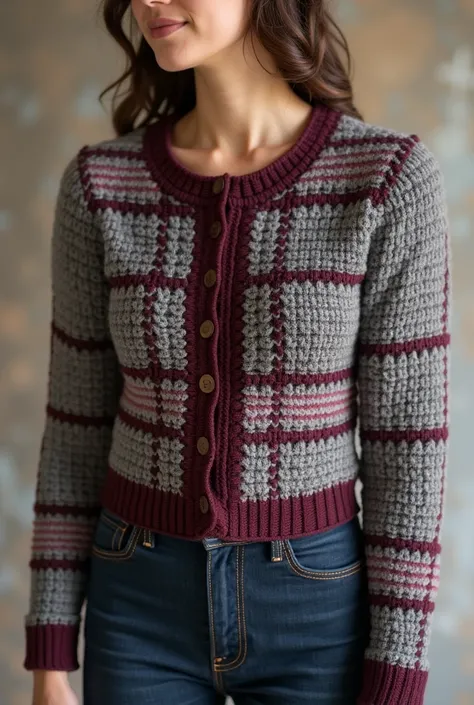 Short and domed crochet cardigan in gray and wine red plaid