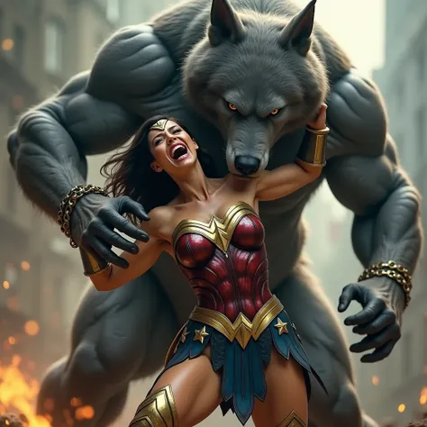 Gal Gadot is Wonder woman, fighting with the Steppenwolf, a very beautiful Korean face, very bright white skin, brown hair, leather fabric short skirt, dirty body, her arms are bounded by chain behind her back, she is defeated, the Steppenwolf severely ass...