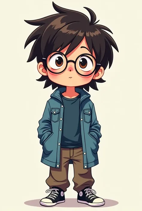 Anime,cartoon,Chibi painting,teenager boy 1,Medium Mullet Hairstyle ,Stupid face,Wear round glasses, Denim Coat , Blouse Mud Blue Shirt, Brown Gray Loose Pants , Black Sneakers