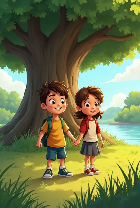  based on these characters in the picture create this :  cartoon image of Paolo and Marica they lived in a small town surrounded by nature. After school ,  they always met in the large lawn next to the river ,  under a centuries-old tree that was their sec...