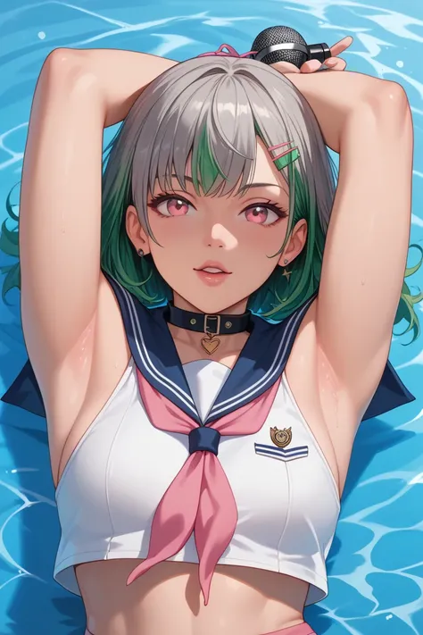  water green hair 、Slightly gray hair on the right side of the bangs 、 dull pink eyes 、 wear a sailor suit with the collar of the same color as the hair、 pink ribbon on the sailor suit 、 with a black microphone 、Light orange skin 、Pale pink cheeks、 depicti...