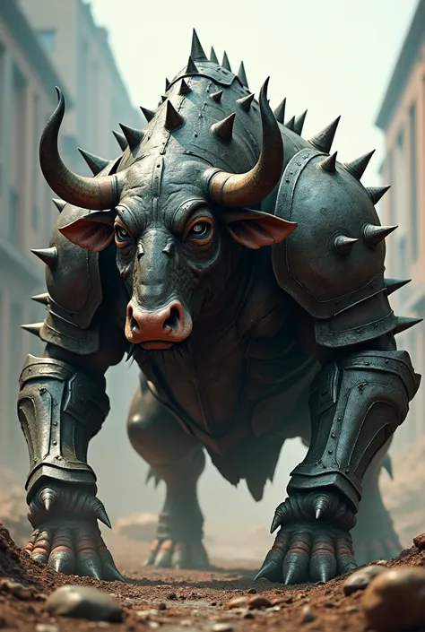 War Bull on all fours with iron armor, spikes on the armor 