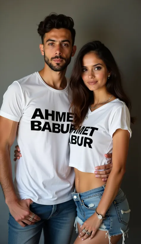 Kurdish couple 25 years old boys t-shirt Ahmetbabur with big and bold letters on 29 year old girls t-shirt Layla Babur summer lighter cropped muscular girl wearing jeans shorts blouse slightly light belly diamond piercing jewelry dark brown dark orange ski...