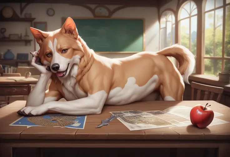 there is a puzzle piece with a picture of Two dogs and an apple, a jigsaw puzzle by Emma Andijewska, Pexels,  Photorealism , puzzle,  realistic style , puzzle art, Two dogs,  realistic pictures,  on wooden table ,   High Quality Portraits , ultra  realisti...