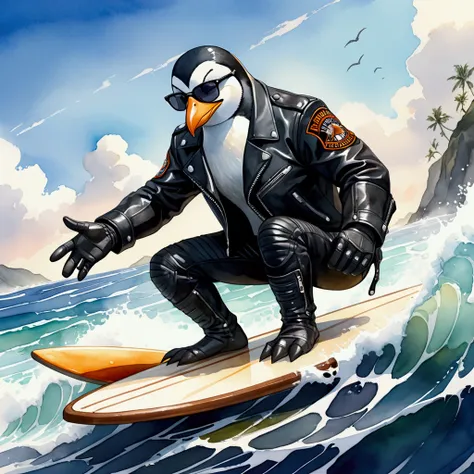 Closeup, painting of an extremely badass anthropomorphic penguin wearing an insanely cool black leather Harley Davidson biker jacket open, black leather biker gloves, black leather biker pants, black sunglasses, giving it a cool, edgy appearance, dynamic p...