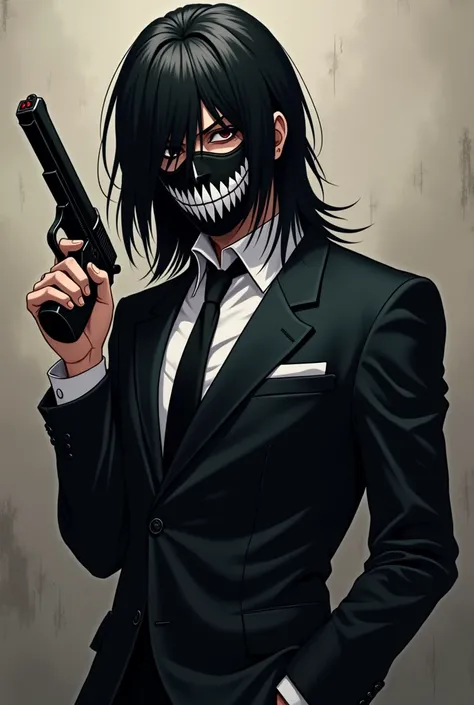 Anime-style black-haired, masked, suited, hat-wearing man with pistol and blood detail ful masked