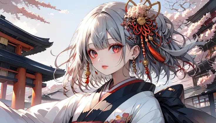 Teenage girl character. The girl has silver hair, short cut and sparkling red eyes. Teenage girl character has pale skin and beautifully detailed eyes, Kimono, Furisode outfit, (Highly detailed elegant), Detailed skin, Buddhist temple crowd scene backgroun...