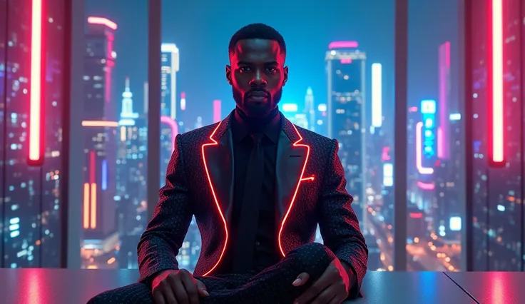 Realistic UHD blackman in a futuristic cyberpunk neon glowimg lights outlining his suit, the background is a futuristic office high up a cyberpunk city building, brightly lighted